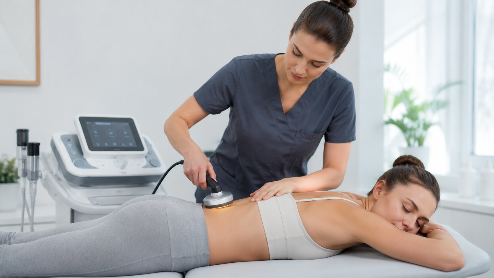 Физиотерапевт проводит процедуру Indiba Deep Care на пояснице пациента в клинике DR PROF
