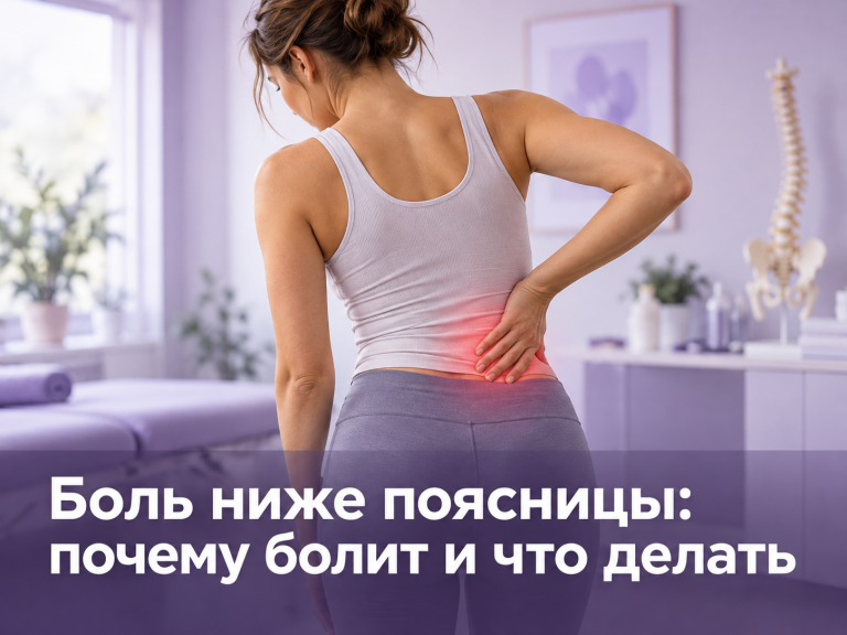Женщина держится за нижнюю часть спины ниже поясницы на светлом фиолетово-белом фоне, иллюстрация боли в пояснично-крестцовой области