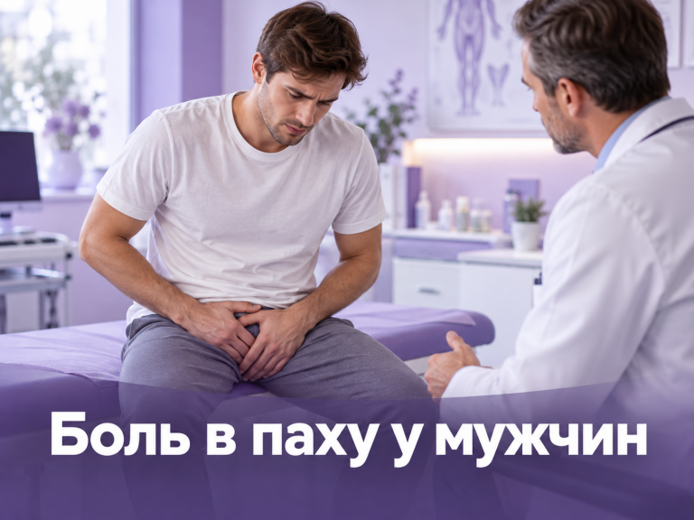 Обложка статьи о боли в паху у мужчин: мужчина держится за область паха, приём врача-уролога в клинике DR PROF