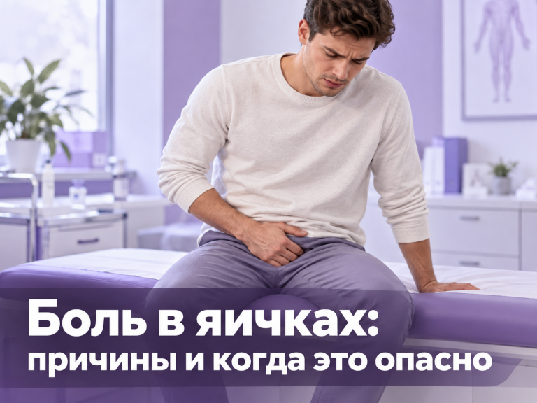 Мужчина держится за низ живота от боли в яичках на фоне фиолетово-белой медицинской иллюстрации, иконка клиники DR PROF