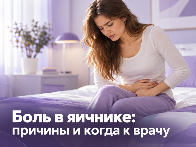 Женщина держится за низ живота от боли в яичнике, иллюстрация в фиолетово-белых тонах к статье о причинах и симптомах боли в яичнике