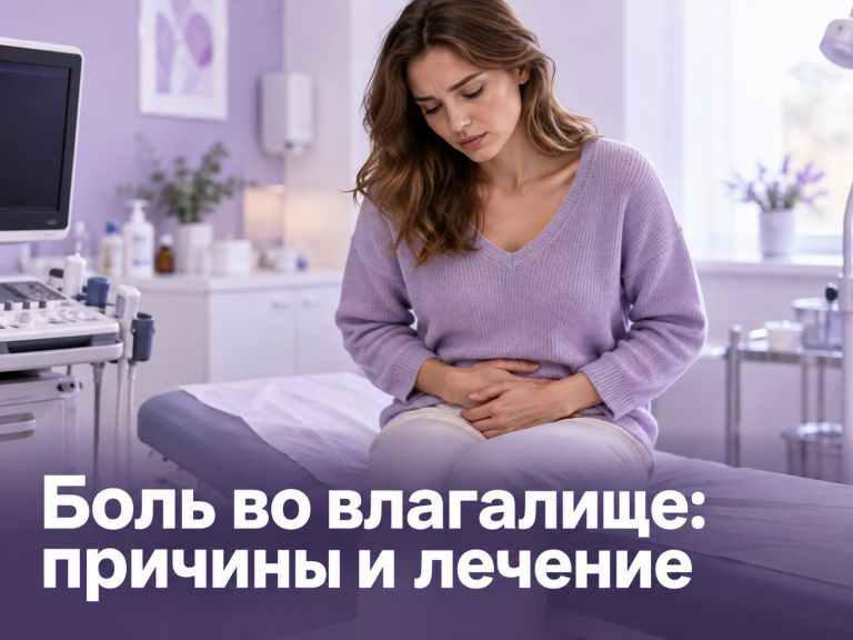 Обложка статьи о боли во влагалище и вульводинии: женщина держится за низ живота на светлом фиолетово-белом фоне клиники DR PROF