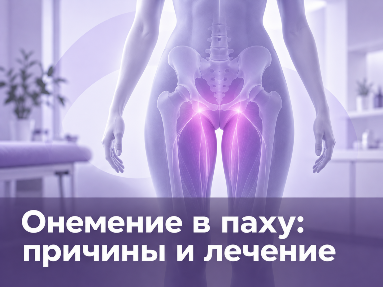 Медицинская иллюстрация 4:3: силуэт человека с подсвеченной зоной онемения в паху на бело-фиолетовом клиническом фоне, текст названия статьи внизу изображения