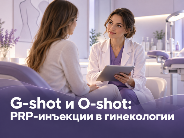 Обложка статьи о PRP-инъекциях G-shot и O-shot в гинекологии на фиолетово-белом фоне клиники DR PROF
